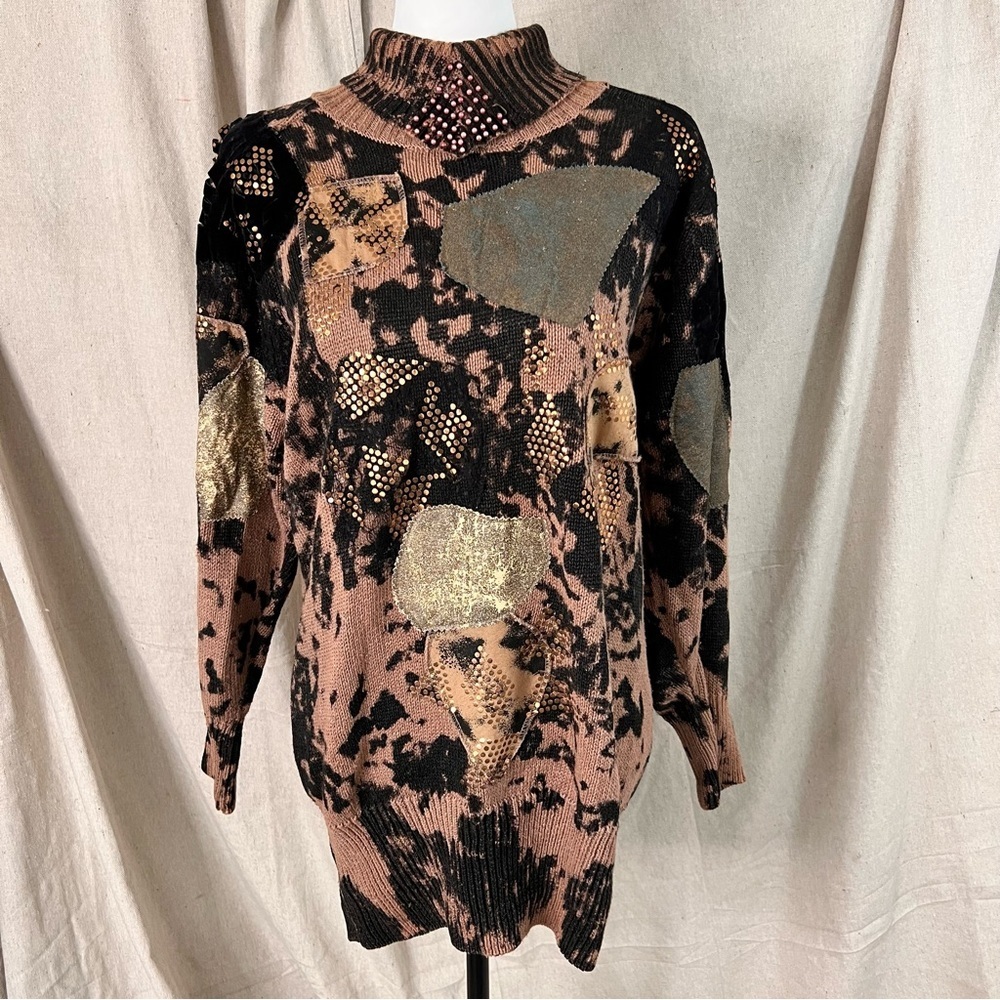 Vtg Size S Bonnie Boerer  & Company Brown/Black Patchwork Beaded/Lace Sweater